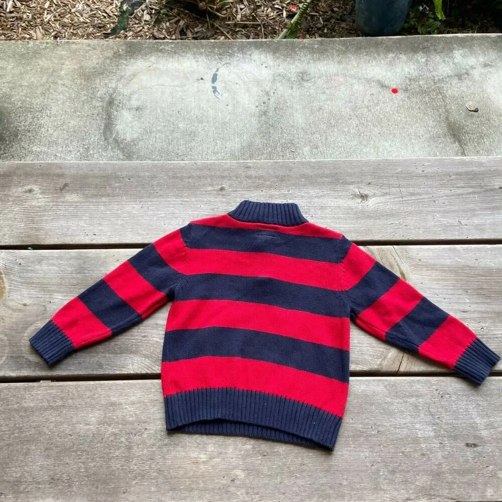 OshKosh b'Gosh‎ Boys Sweater Size 3T Red Navy Blue Striped 1/4 Zip